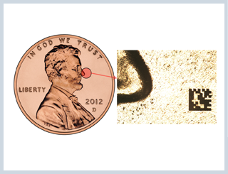 laser marking micro data matrix codes on a copper penny