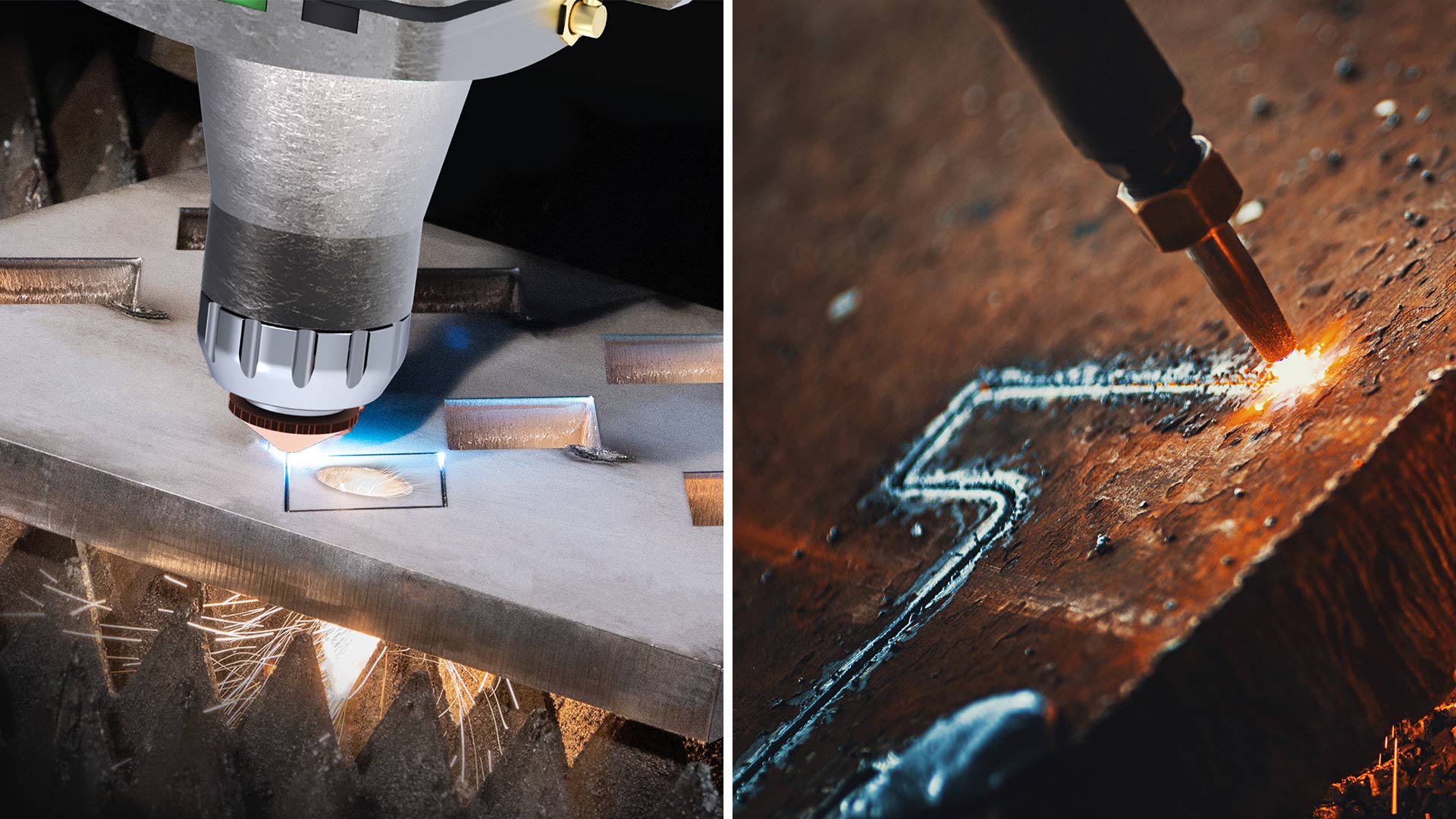 Close up side by side views of laser cutting and plasma cutting